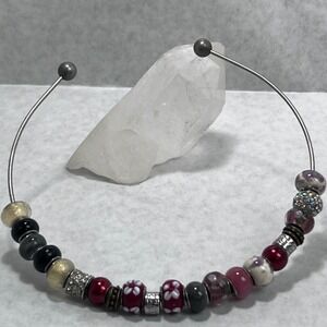 Beaded Bangle Necklace Silver Tone Wire with 21‎ Lampwork Glass Beads